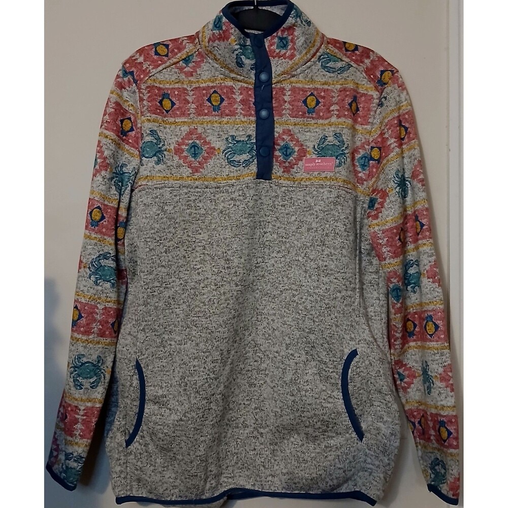 SIMPLY SOUTHERN Fleece Pullover Women Medium Crab Pineapple Coastal Snap Preppy